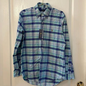 NWT Ralph Lauren Button Down Shirt Collared Long Sleeve Blue Plaid 100% Cotton S